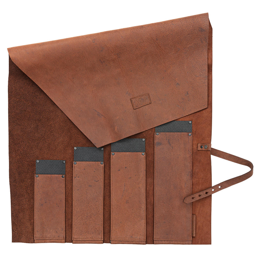 Deluxe Knife Roll, Horse Leather with Kevlar® Reinforcement, 4 Pockets, Cognac
