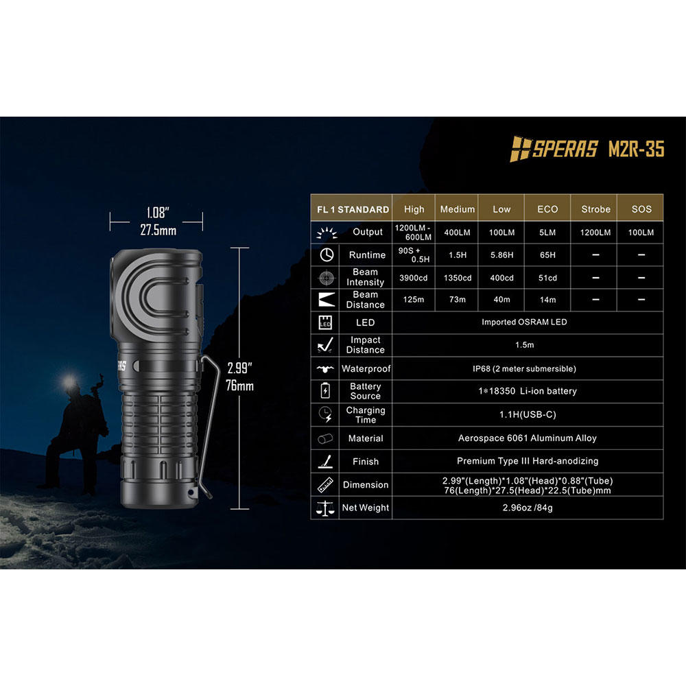 Torcia multifunzione SPERAS M2R-35, LED, 1200 lm
