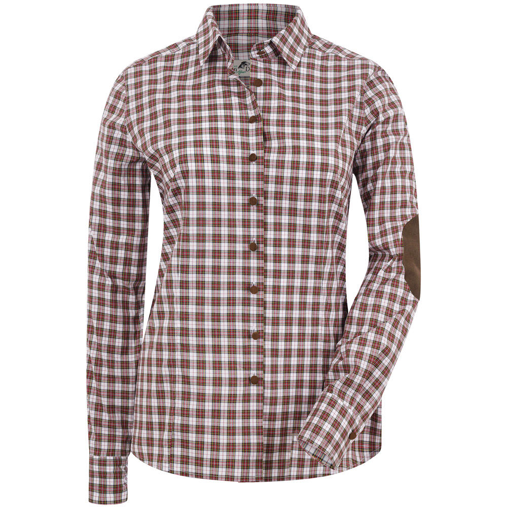 Damenbluse Karo mit Patches, rot/schwarz/weiß