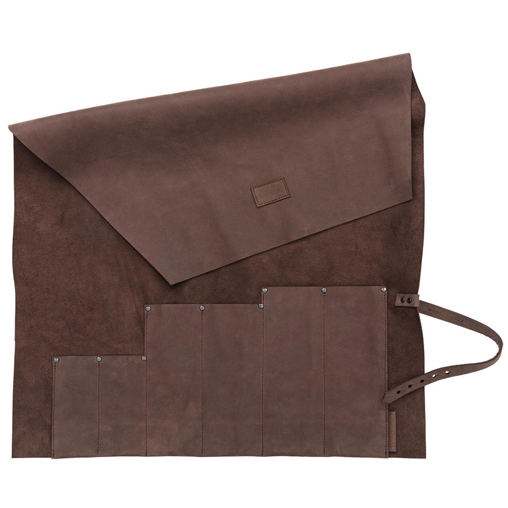 Messer-Rolltasche, Rindsleder, 6 Fächer, braun