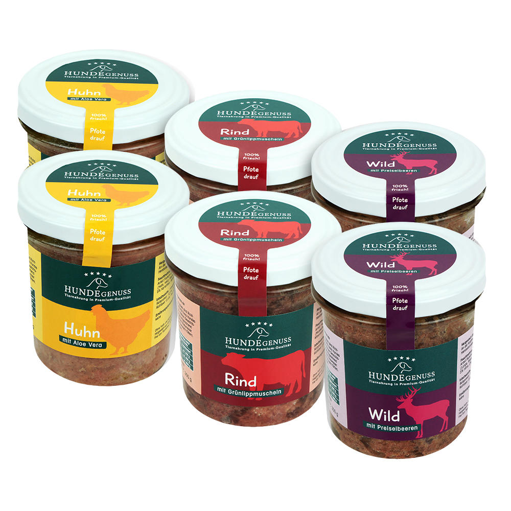 Cibo per cani in vasetto di vetro »Hundegenuss«, set di prova, 6 x 300 g