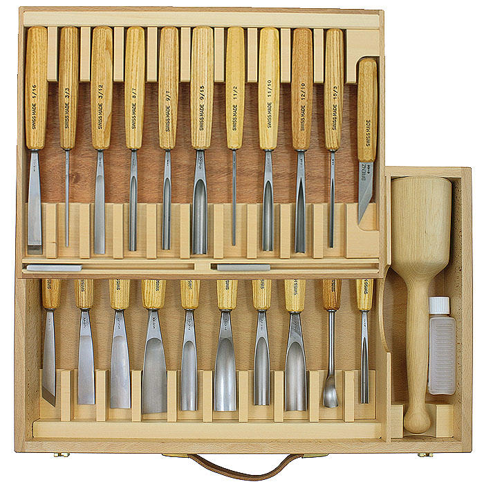 Jeu de ciseaux de sculpture Pfeil®, frêne, 25 pièces, étui en bois