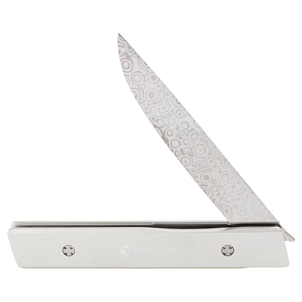 Coltello a serramanico da bistecca/tavola, Damasco, con cust. in pelle, argento