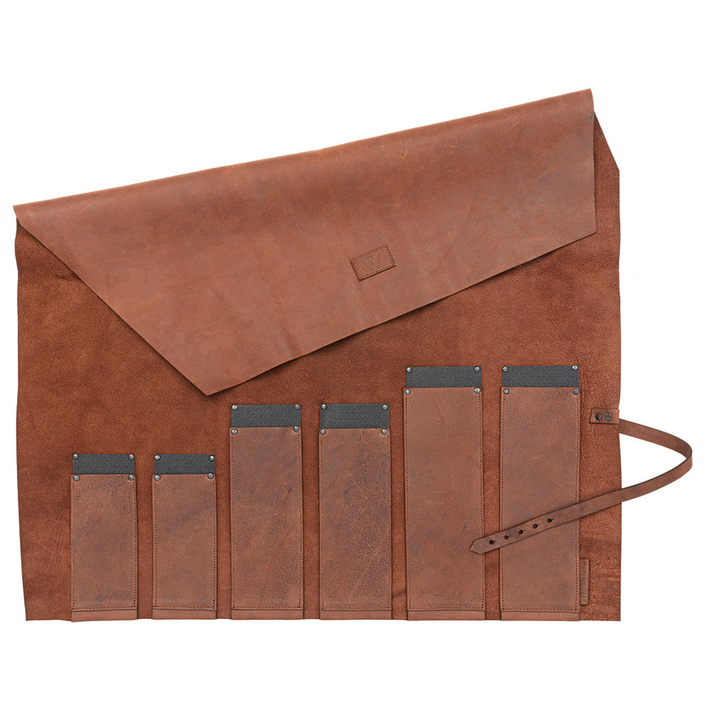 Messer-Rolltasche Deluxe, Pferdeleder mit Kevlarschutz, 6 Fächer, cognac