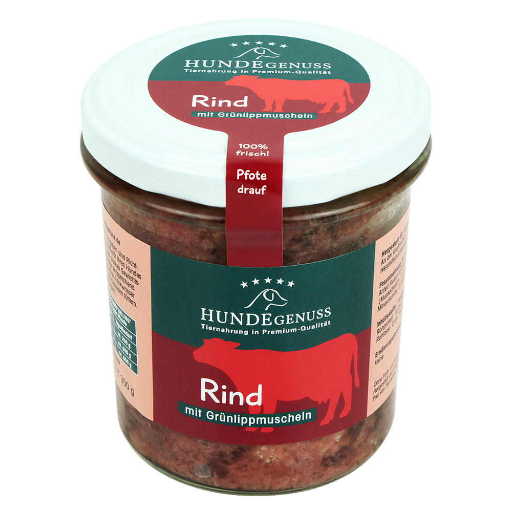 Cibo per cani in vasetto di vetro »Hundegenuss«, manzo e cozze verdi, 6 x 300 g