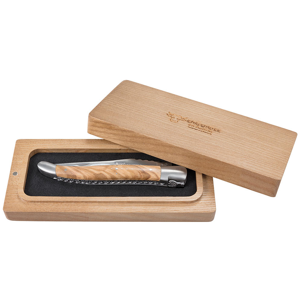Laguiole Klappmesser mit Doppelplatine, Olivenholz
