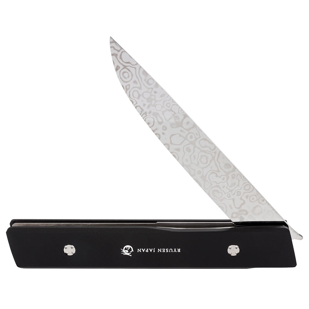 Steak- und Tafel-Klappmesser, Damast, inkl. Lederetui, schwarz
