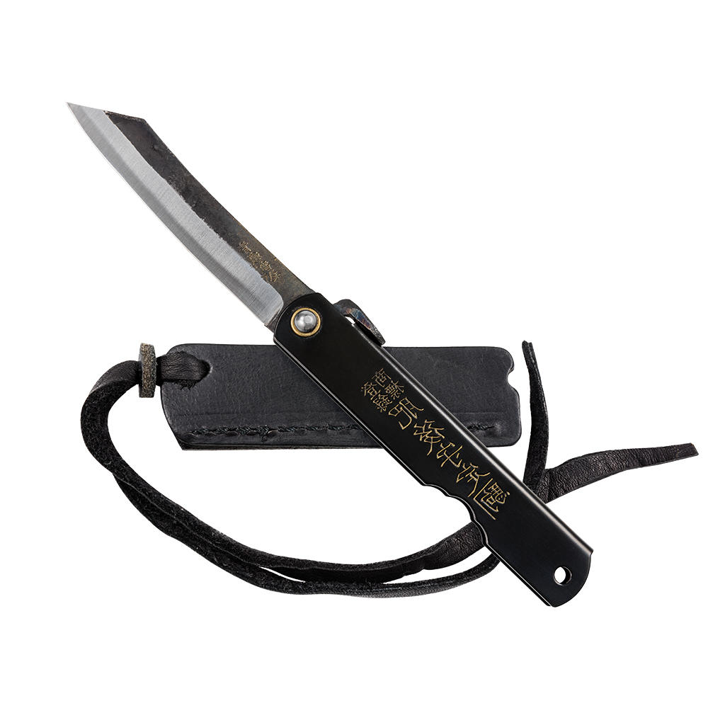 Higonokami schwarz mit Schmiedehaut, mit Leder-Klappetui