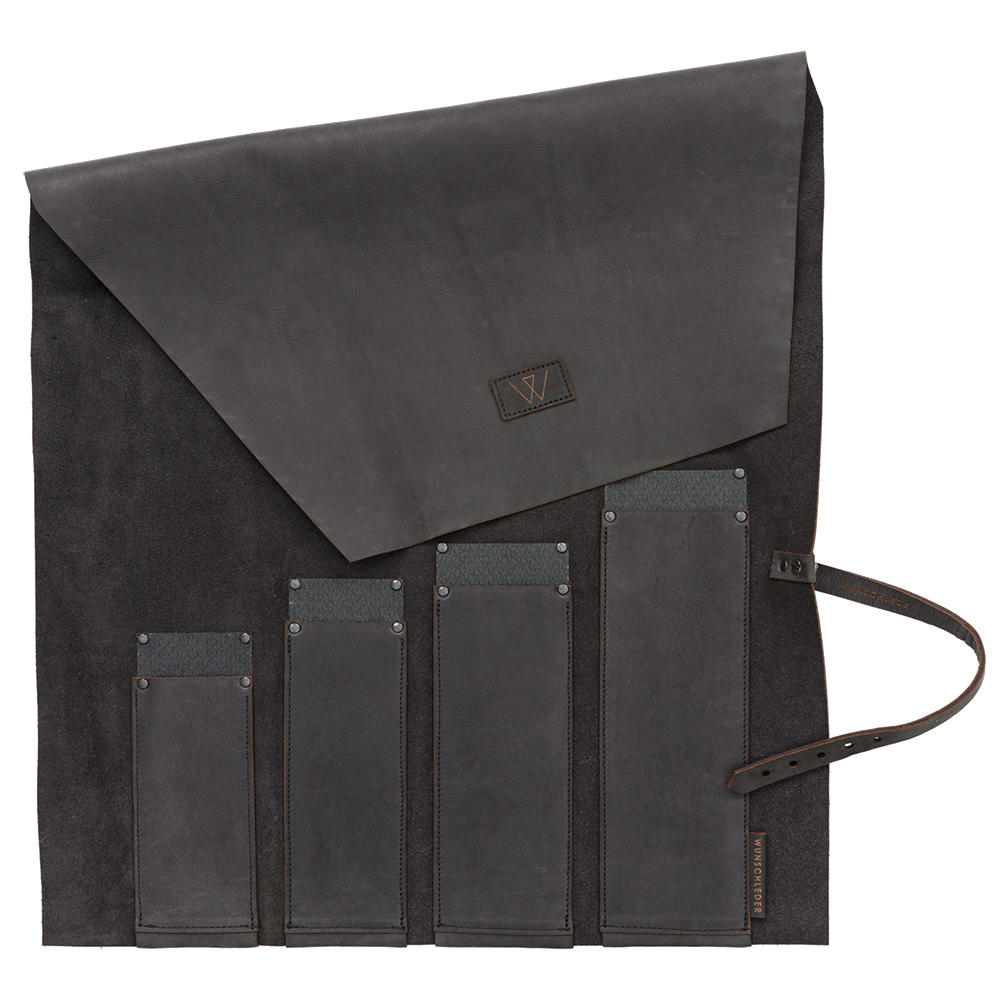 Cust. per coltelli arr. Deluxe, pelle bovina/prot. kevlar, 4 scomp., nera