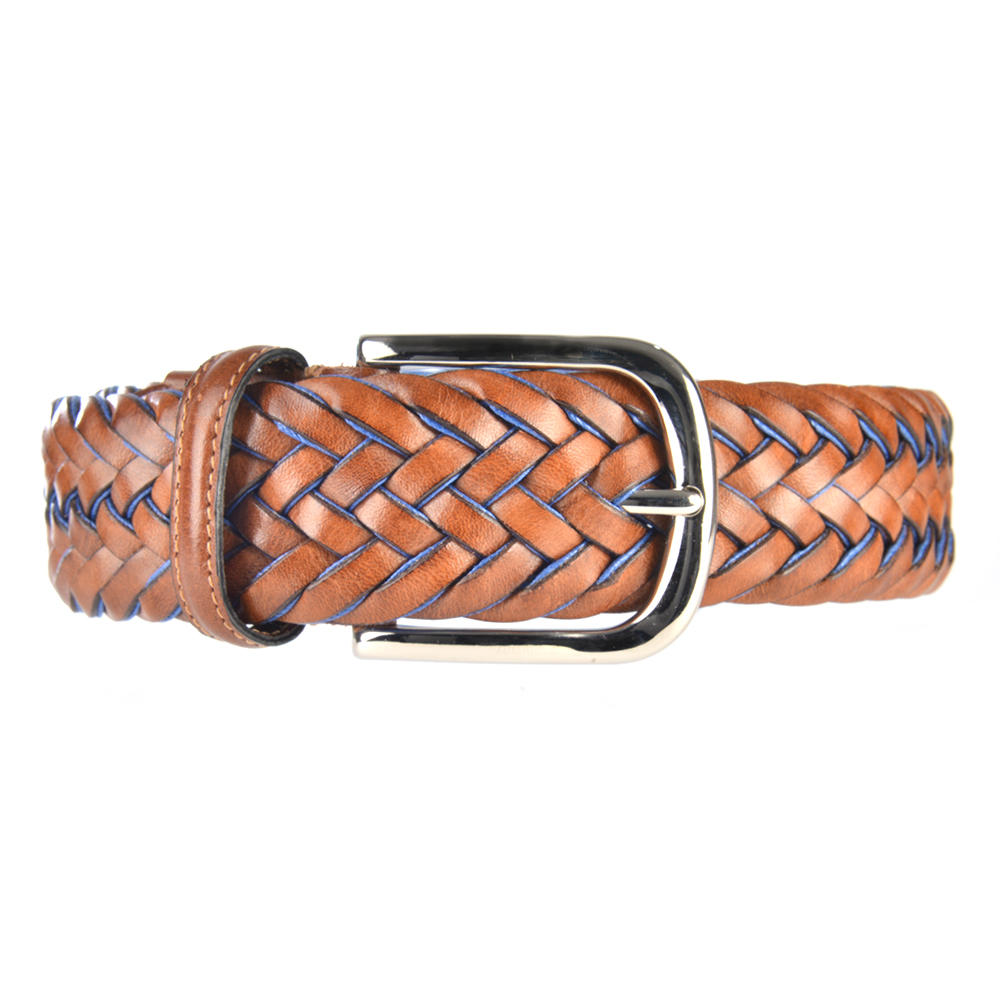 Athison Braided Leather Belt, Brown/Light Blue