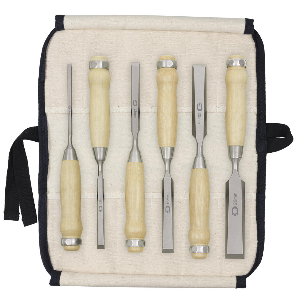 DICTUM® Stemmeisen-Satz, lange Bauform, 6-teilig, in Baumwollrolltasche