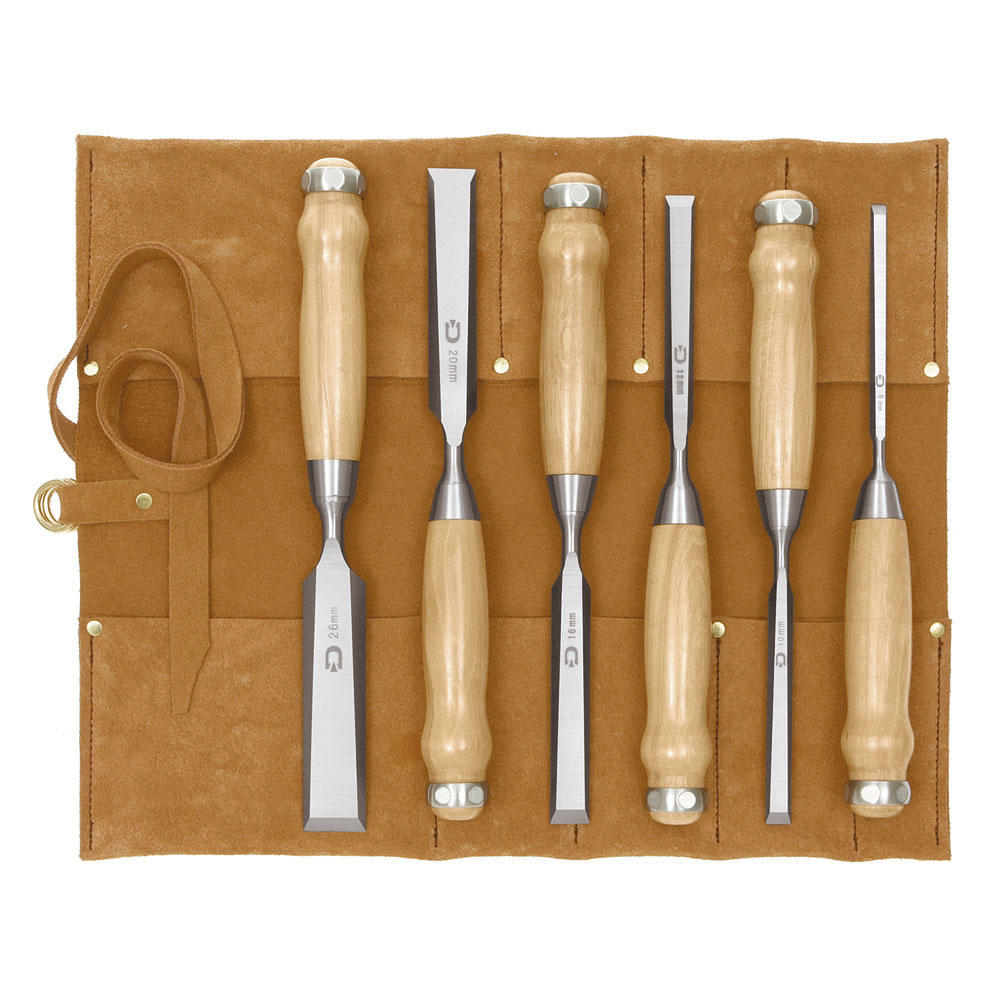 Jeu de ciseaux à bois DICTUM®, forme allongée, 6 pièces, trousse en cuir