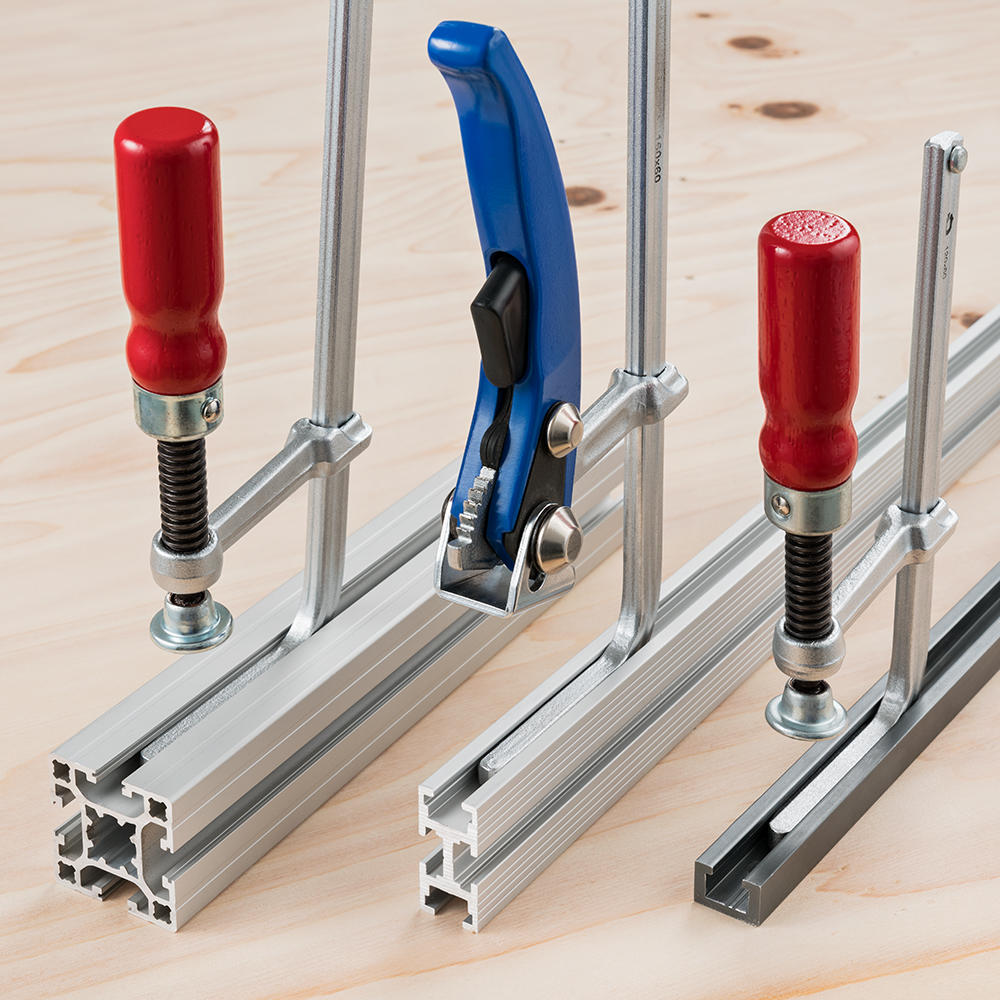 DICTUM® Hebelzwinge für Führungsschienen, Ausladung 60 mm, Spannweite 200 mm