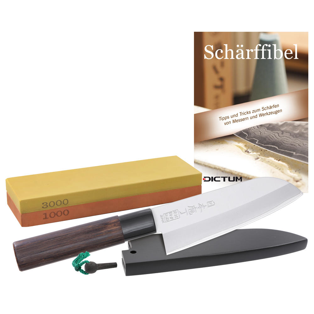 Einsteiger-Set - Japanmesser, Kombischärfstein, mit Schärffibel
