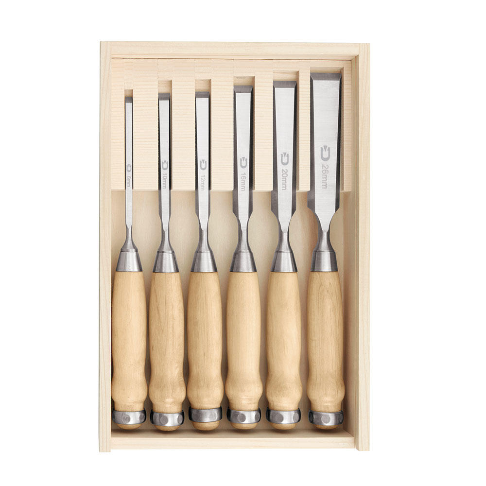 DICTUM® Stemmeisen-Satz, lange Bauform, 6-teilig, in Holzkassette 