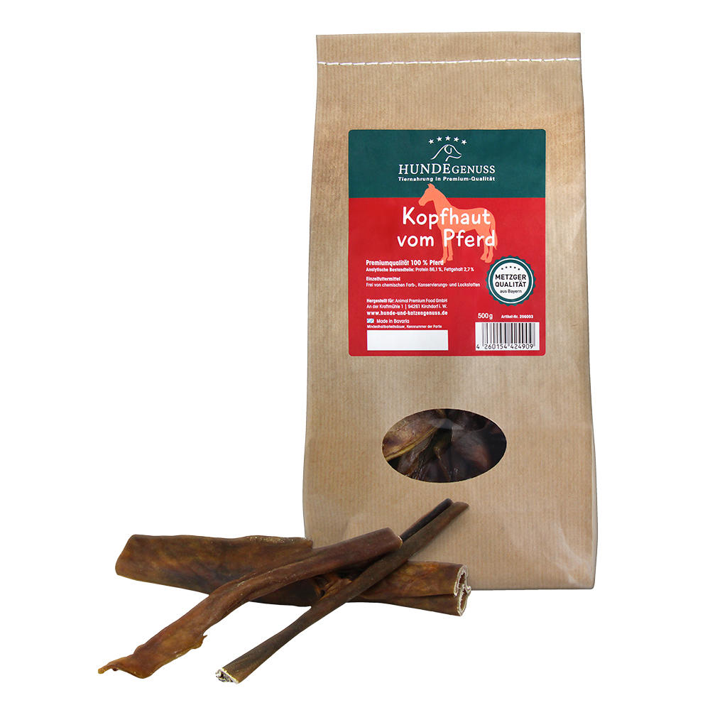 Snack per cani »Hundegenuss«, pelle di testa di cavallo, 500 g