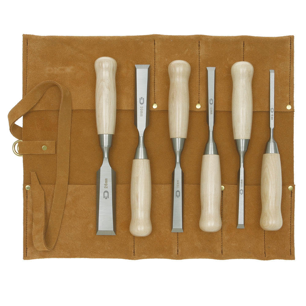 Ciseaux à bois DICTUM®, forme courte, 6 pièces en sacoche roulable en cuir