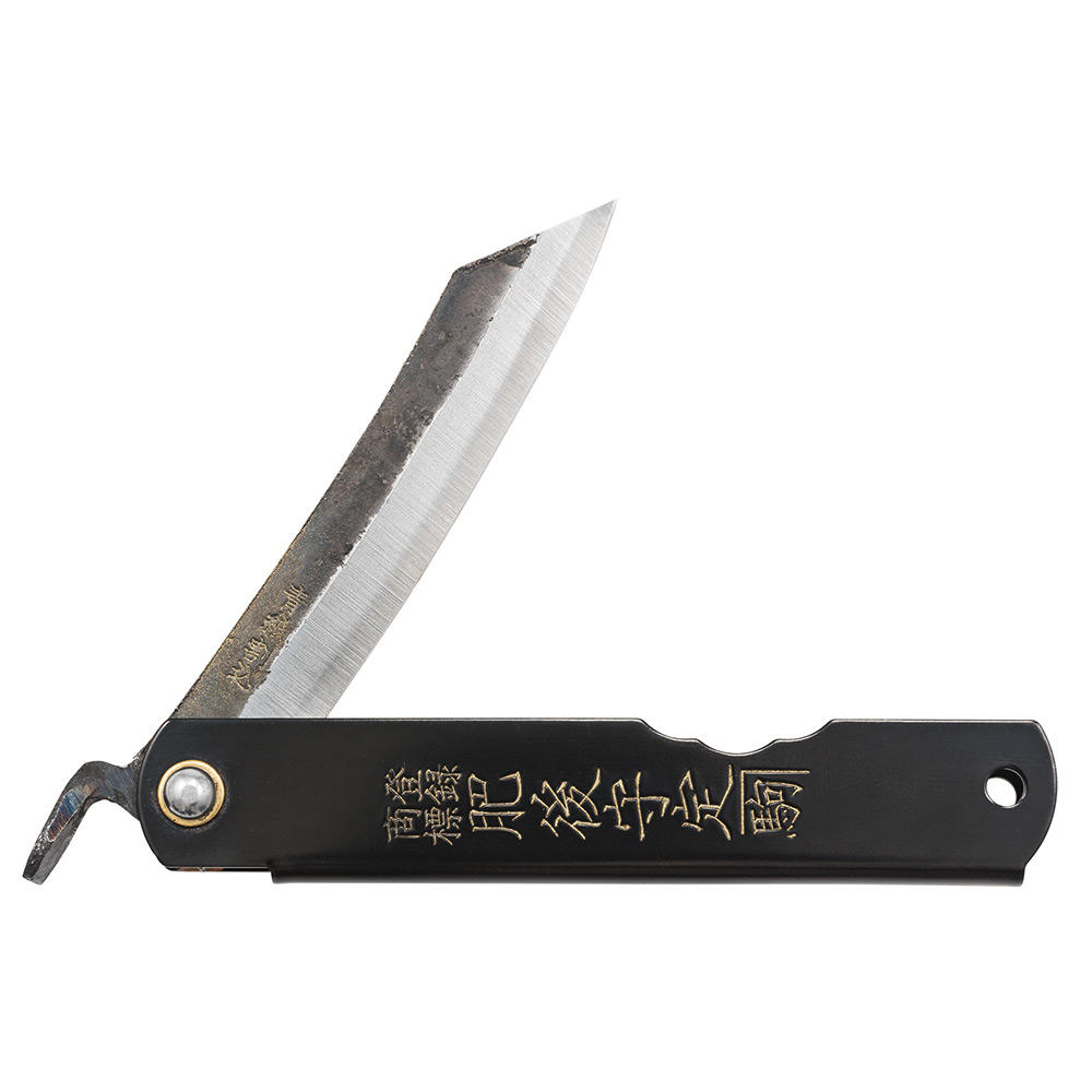 Coltello Higonokami nero con crosta di forg., incl. custodia in pelle richiud.