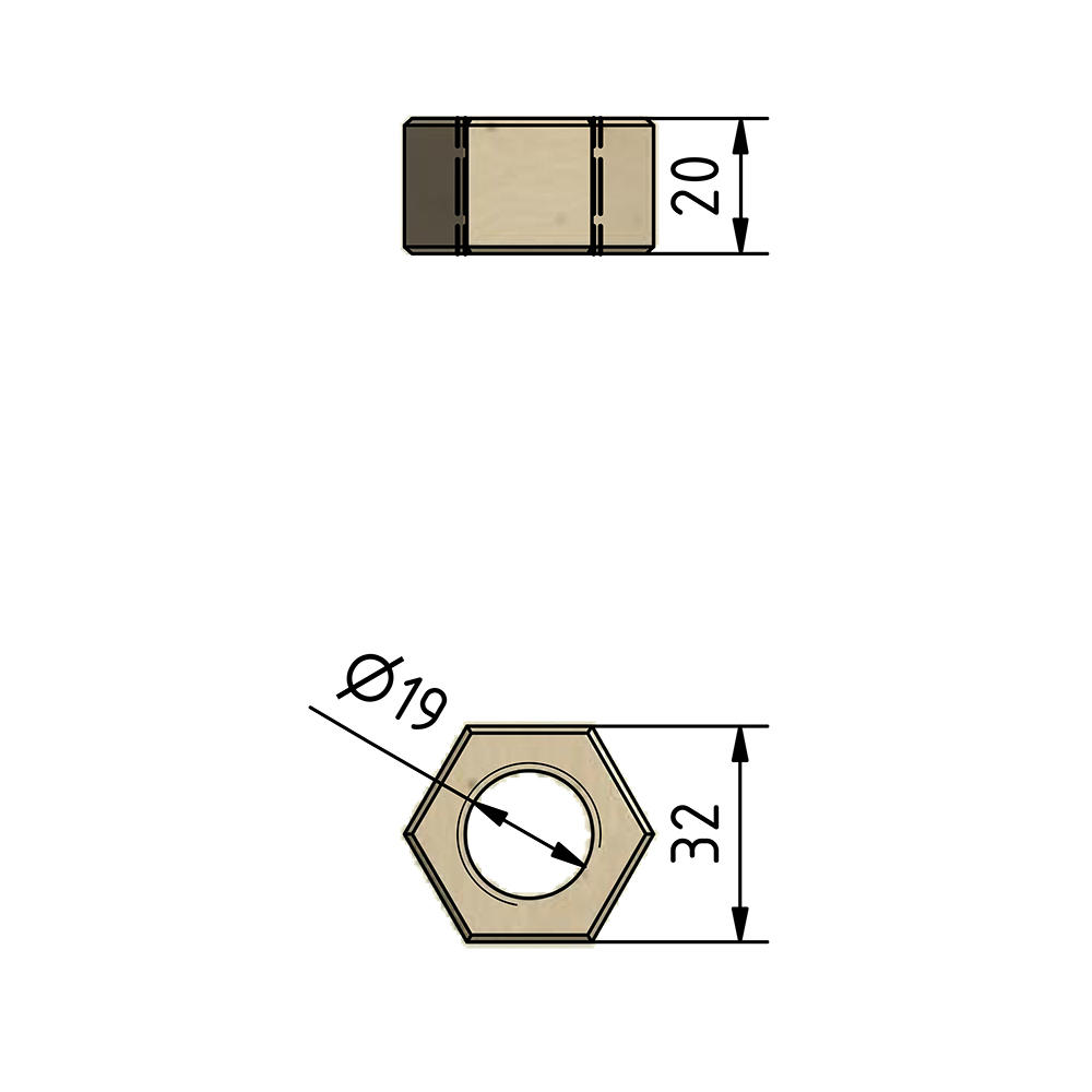 Écrou hexagonal, érable, filetage Ø 19 mm