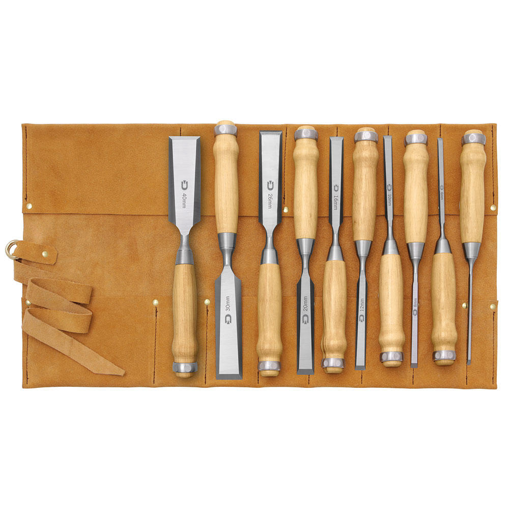 DICTUM® Stemmeisen-Satz, lange Bauform, 10-teilig, in Lederrolltasche