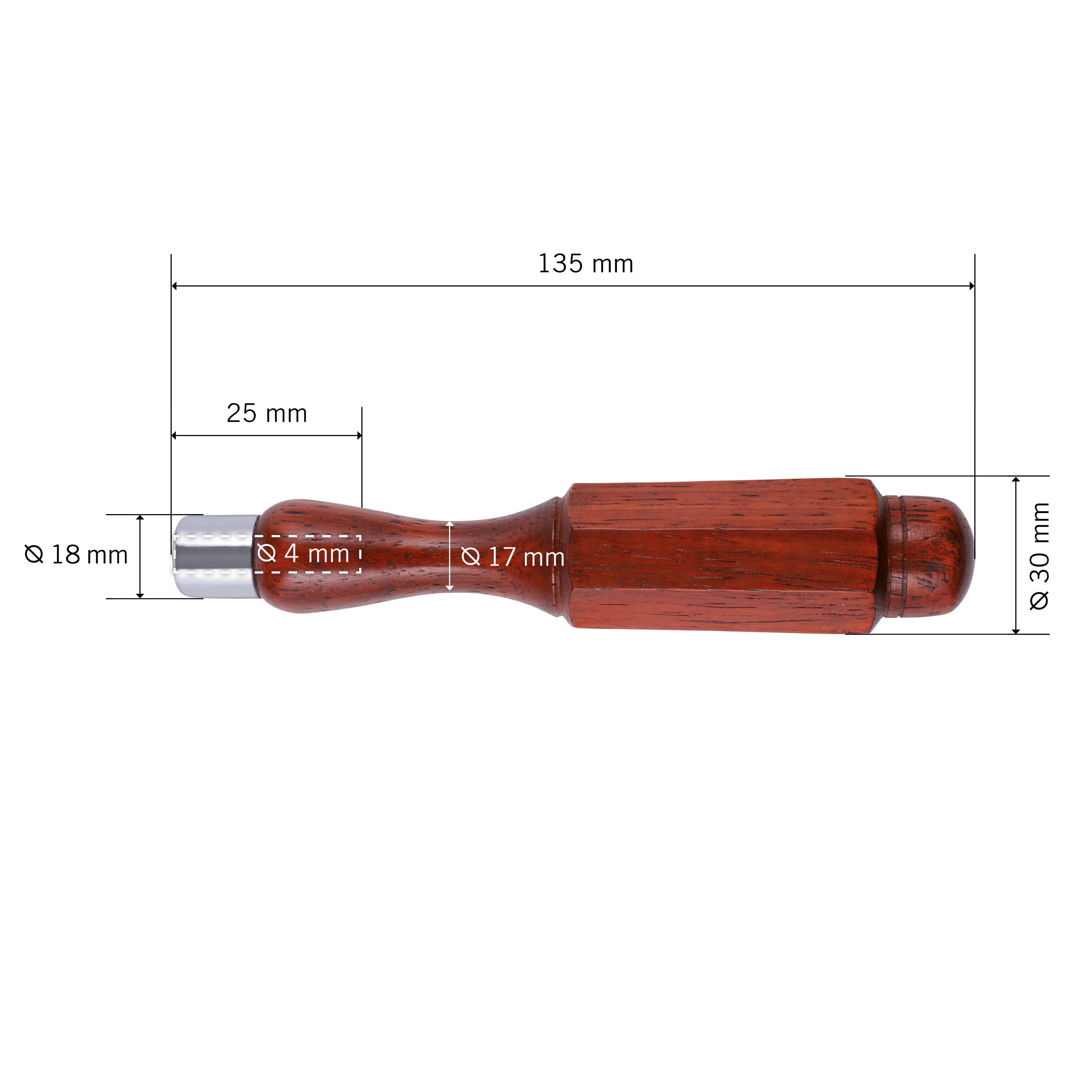 Impugnatura in legno pregiato, forma ottagonale, diametro ghiera 18 mm