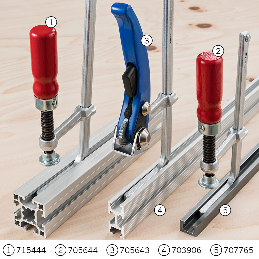 DICTUM® Ganzstahl-Schraubzwinge für Führungsschienen, Spannweite 200 mm