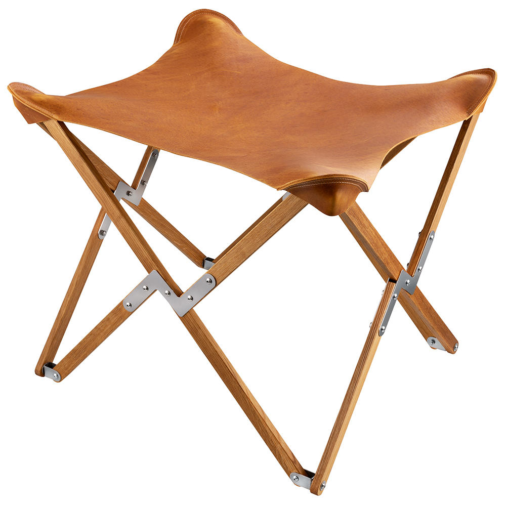 Kampierhocker Folding Stool, Oak, Leather