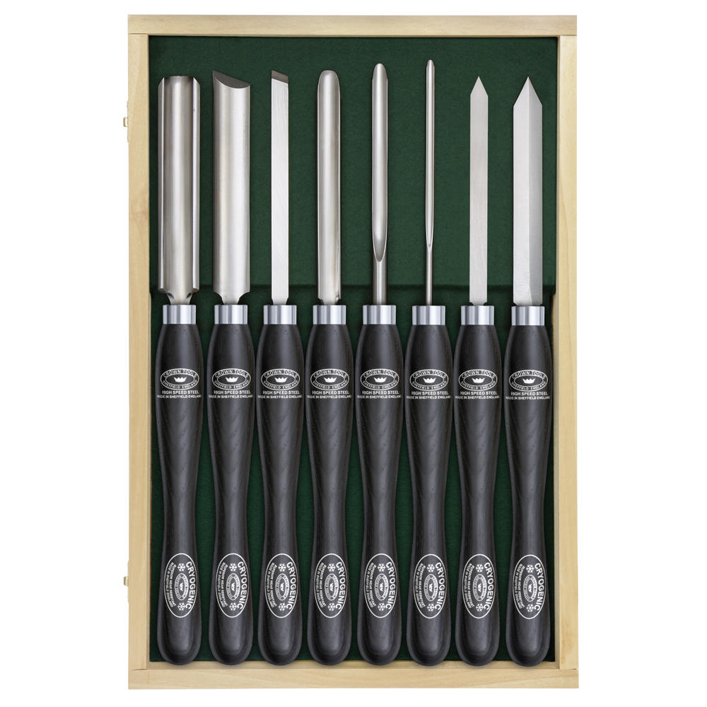 Jeu d'outils de tournage standard Crown®, 8 pièces, manche en frêne teinté noir