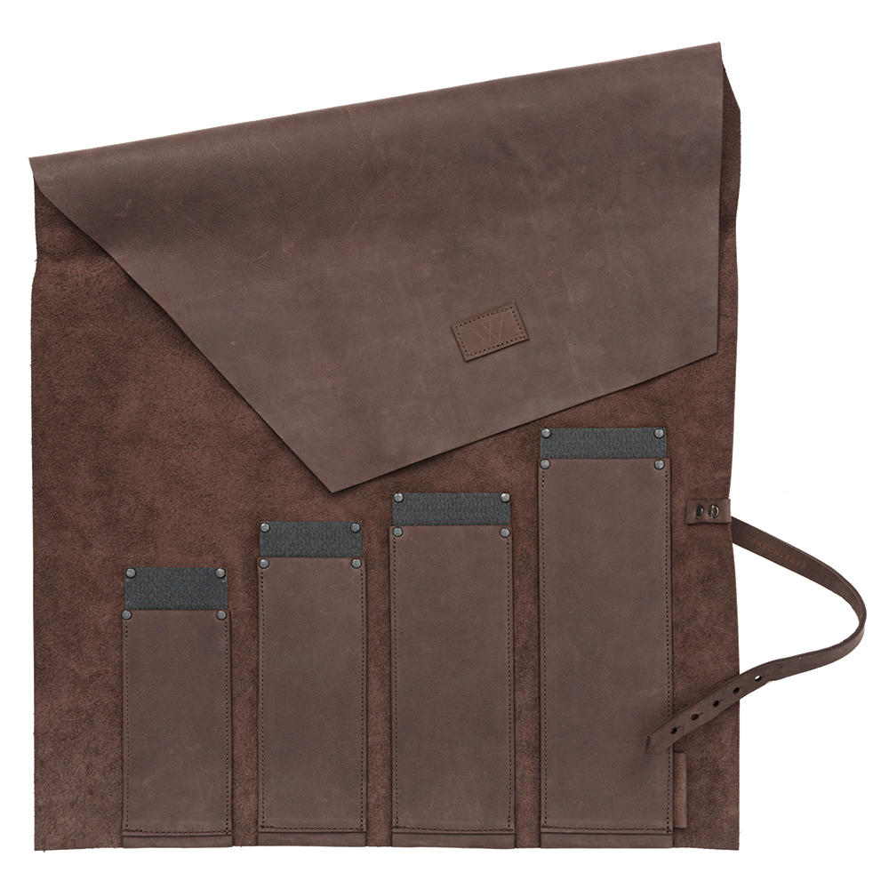 Cust. per coltelli arr. Deluxe, pelle bovina/prot. kevlar, 4 scomp., marrone