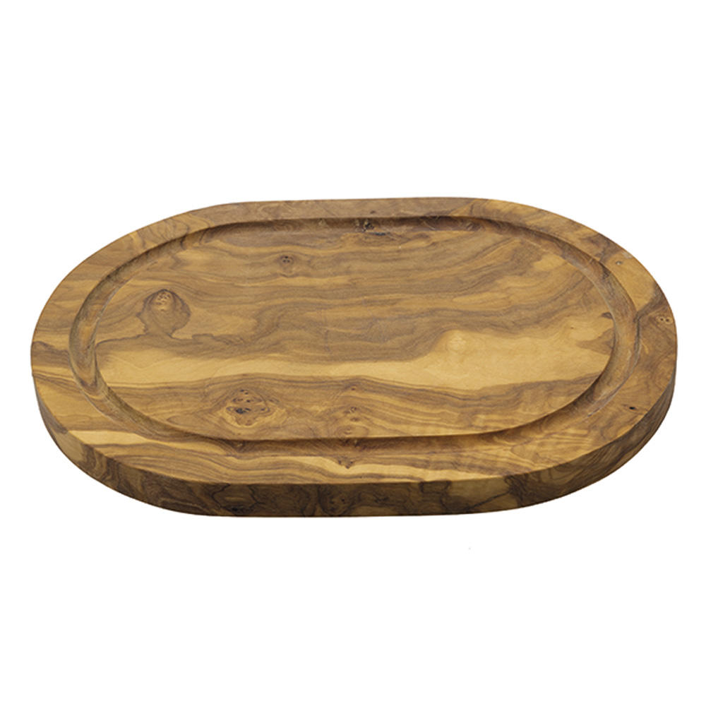 Planche à découper ovale en bois d’olivier avec sillon pour l’écoulement du jus